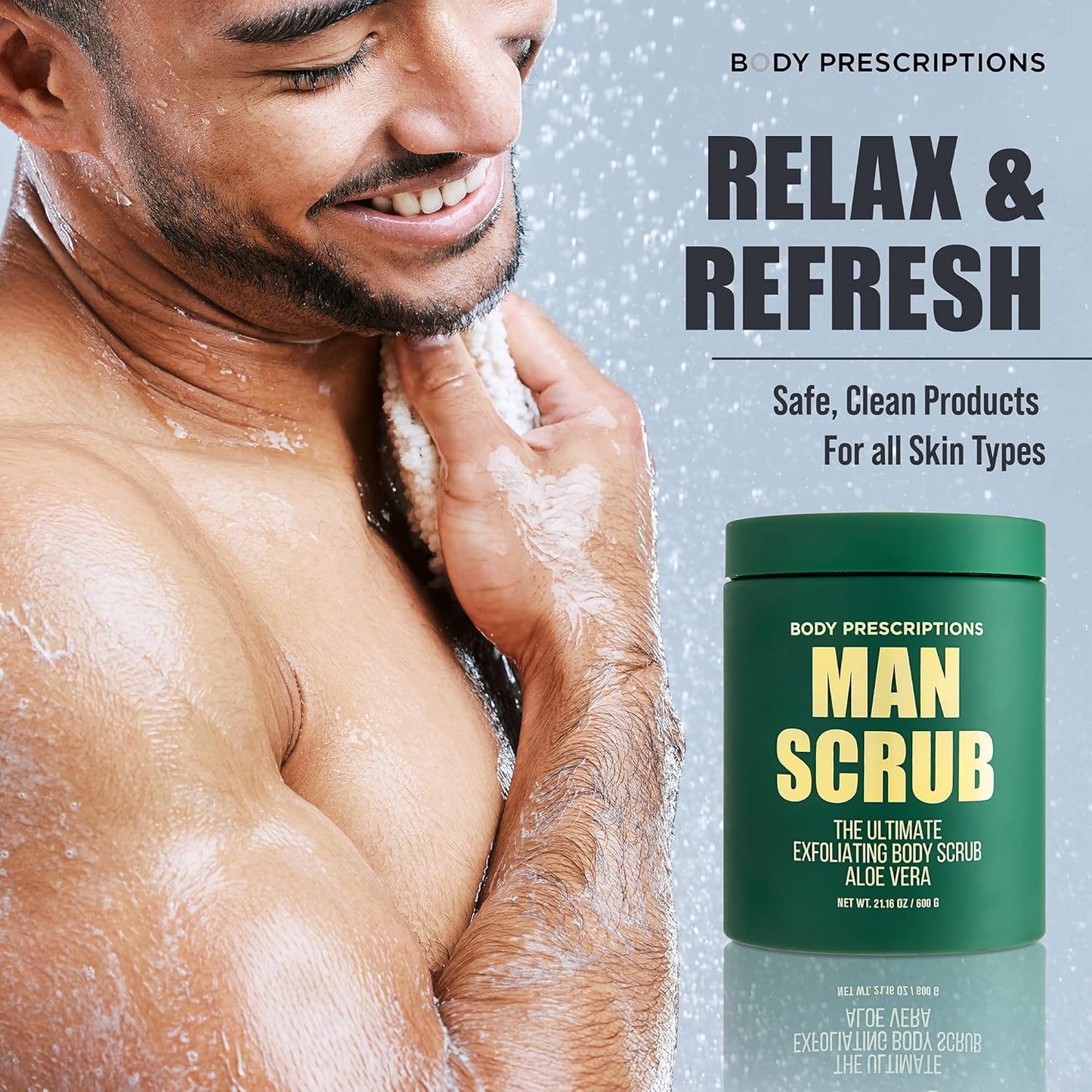 Body Prescriptions Men’s Exfoliating Body Scrub – Ultimate Skin Cleansing Wash in Jar with Twist-Top Lid, For All Skin Types, 21 Ounce (Pack of 4), Aloe Vera