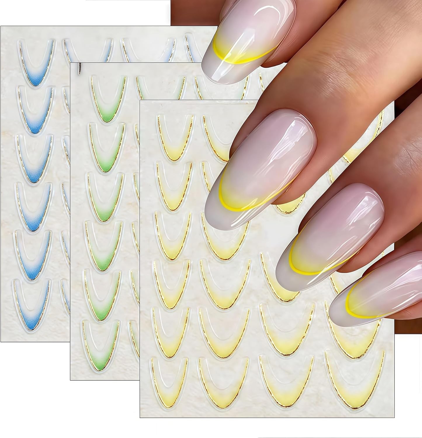 12Sheets Gradient French Tips Line Nail Stickers 3D Self-Adhesive Colorful Stripes Line Transfer Decals Curved Lines Nail Art Designs Nail Tips Manicure Accessories for Women Nail Art Decorations