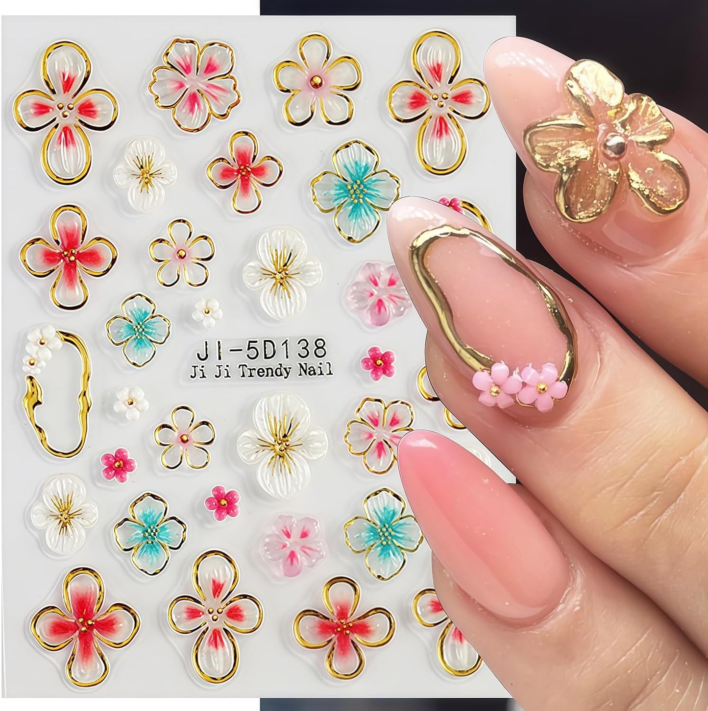 Flower Nail Stickers for Nail Art Hawaiian Flowers Nail Decals 5D Self-Adhesive Embossed Floral Summer Nails Art Design Sticker Beach DIY Acrylic Salon Manicure Decoration Kit for Women