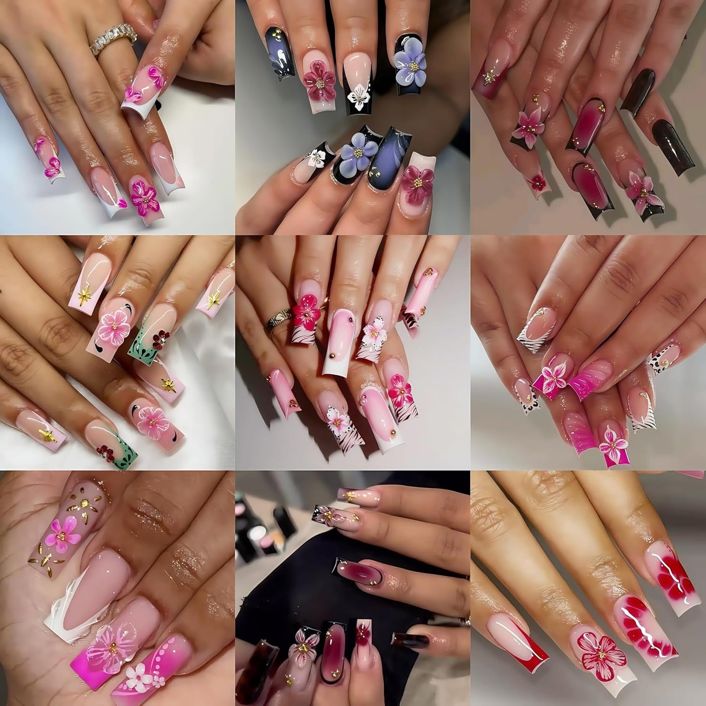 3Sheets 5D Embossed Flowers Nail Art Stickers Self-Adhesive Pink Red Flower Nail Decals Floral French Tips Nail Design Spring Summer Lily Hibiscus Nail Art Supplies for Women Manicure Decorations