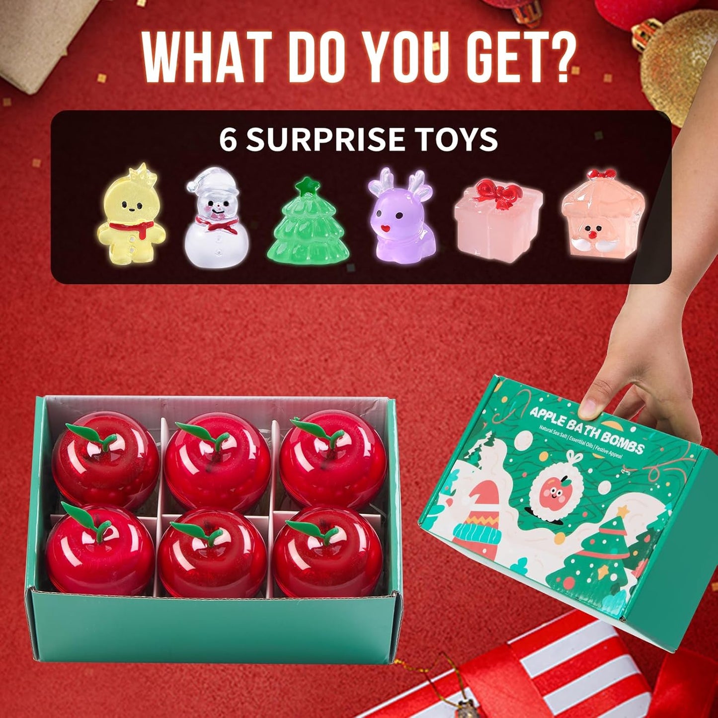 Christmas Bath Bombs for Kids Apple Bath Bombs with Christmas Luminous Mini Resin Toys Inside Christmas Toys Christmas Treat Bags Gifts Kids Skin Care Bathbombs