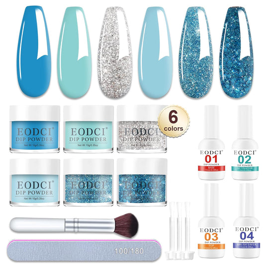 12 Pcs Dip Powder Nail Kit Starter, 6 Colors Glitter Blue Snow Dipping Powder Kit With Base & Top Coat/Activator/Brush Saver, Nail Art Manicure Salon DIY for Daily at Home Party Gifts for Women
