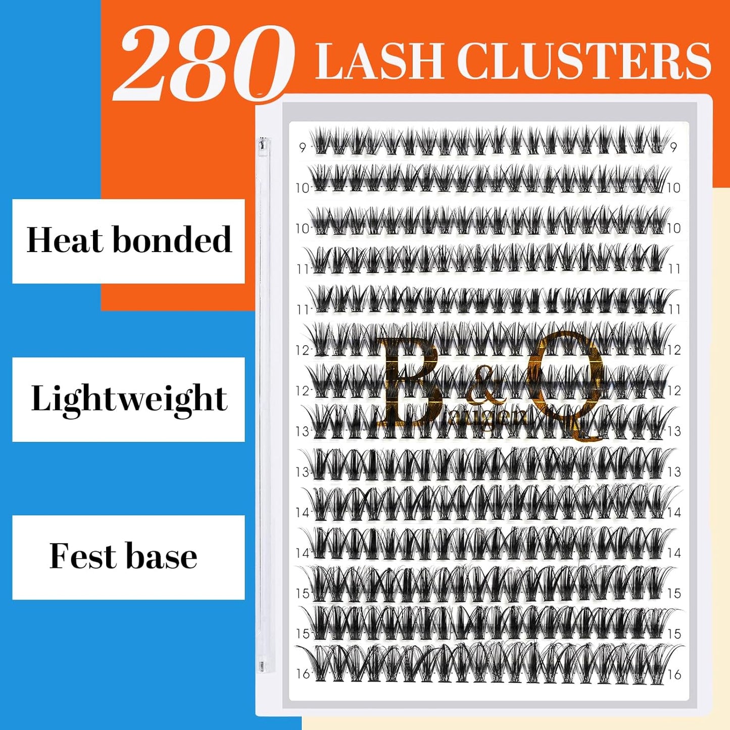 B&Q Lash Clusters 40D-D-9-16MIX Individual Lashes 280 Clusters Manga Lashes False Eyelash DIY Eyelash Extensions at Home (40D-D,9-16MIX)