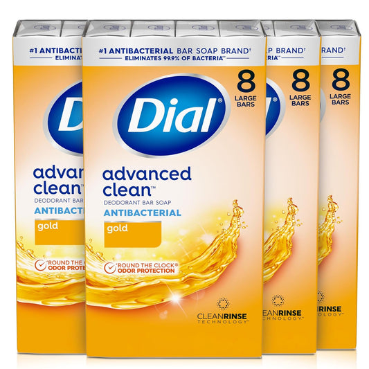 Dial Antibacterial Deodorant Bar Soap, Advanced Clean, Gold, 4 Oz, 32 Bars