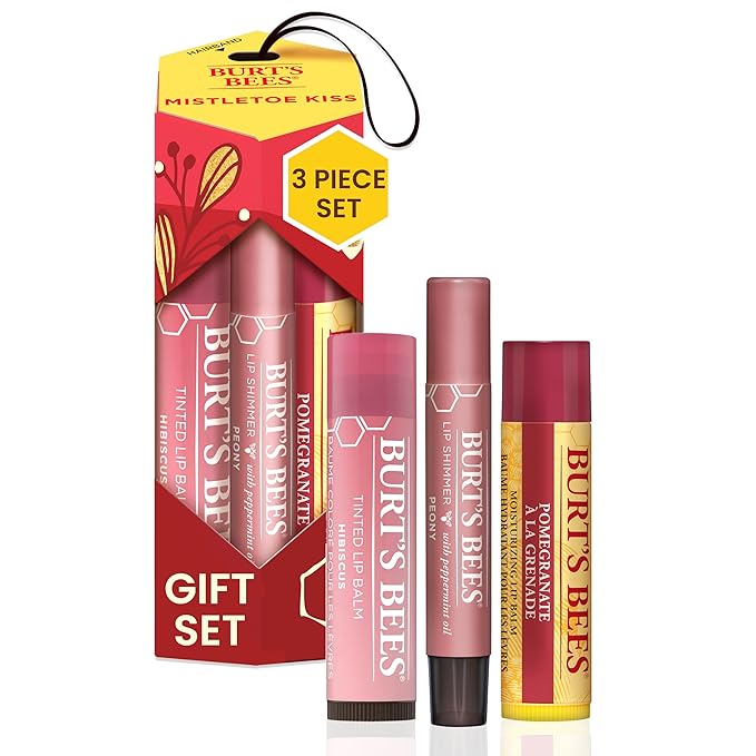 Burt's Bees Mistletoe Kiss Lip Care Stocking Stuffers Holiday Gift Set, Mistletoe Kiss Set, Pomegranate, Peony & Hibiscus