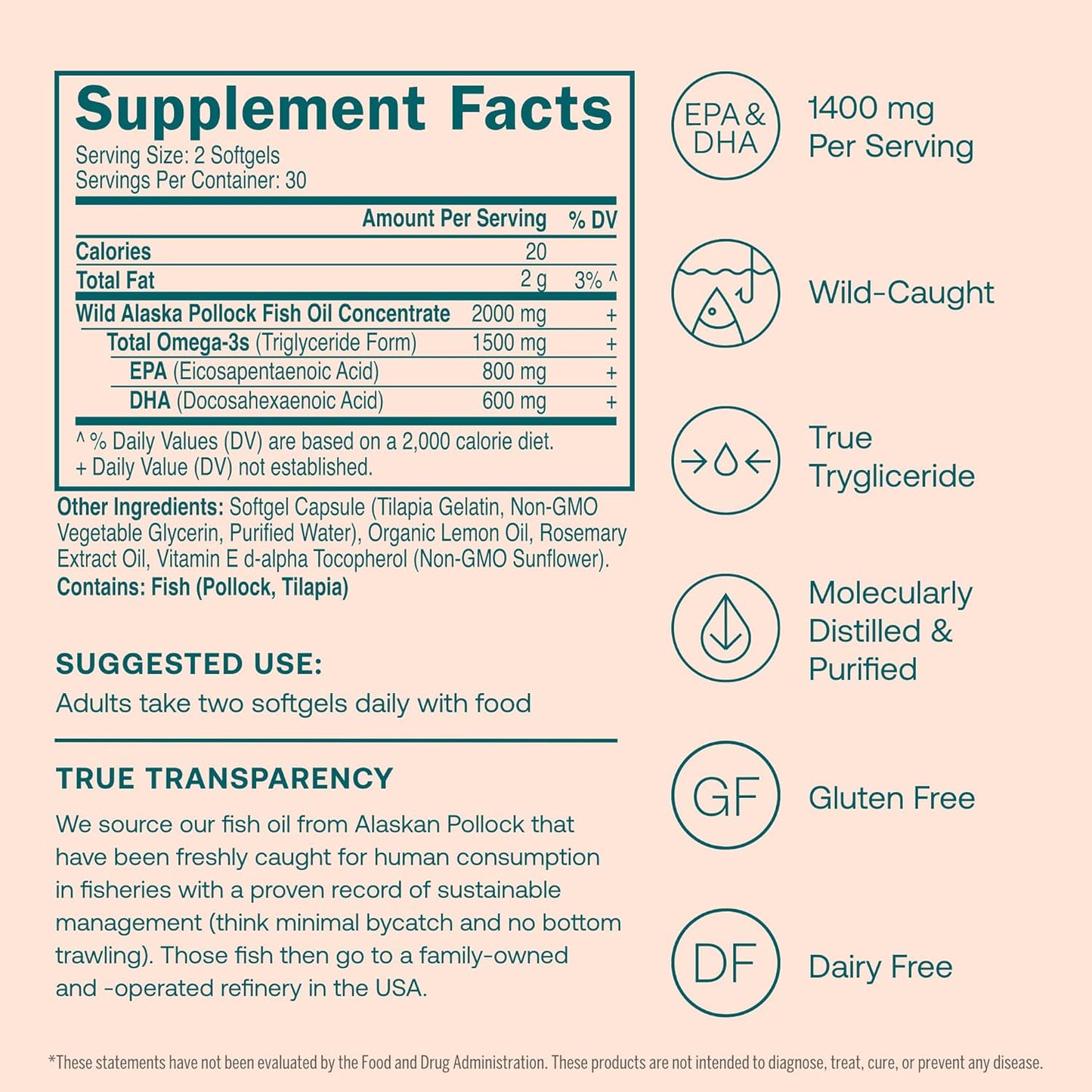 True Grace Omega-3 Fish Oil - 60 Softgels - 1400 mg EPA + DHA - Brain, Heart, Joint & Immune Health - Organic, Gluten Free, Soy Free