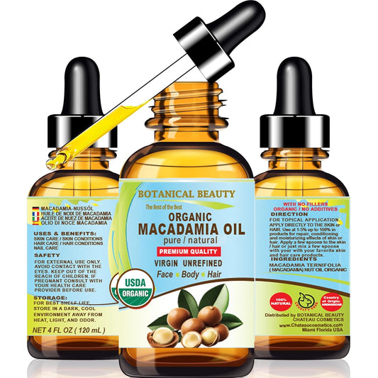 Botanical Beauty Organic MACADAMIA OIL 100% Pure Natural VIRGIN UNREFINED Cold-Pressed Carrier Oil for Face, Skin, Body, Hair, Lip, Nails. Rich in Vitamin E (4 Fl Oz)