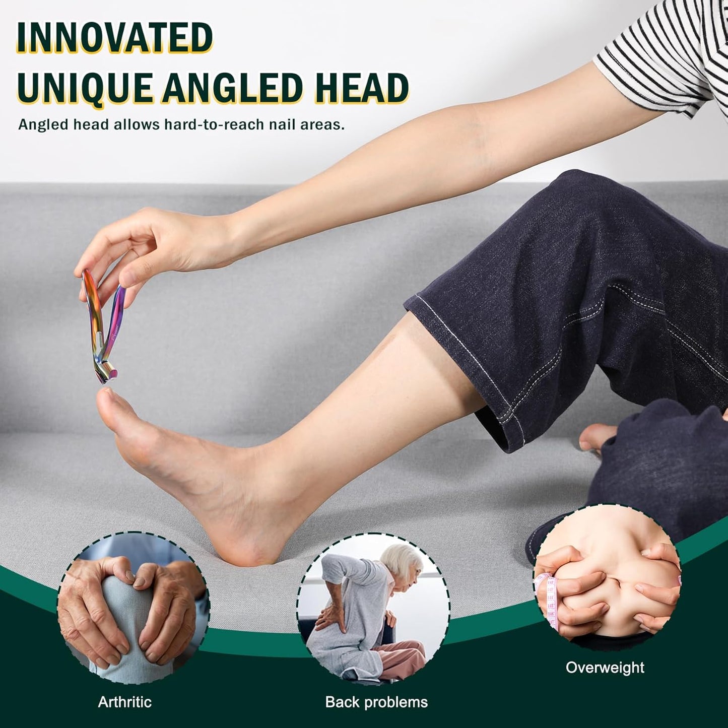 FVION Angled Head Toe Nail Clippers, Ergonomic Curved Toenail Clippers for Seniors Long Handle with Nail Catcher and Metal Nail File, Precision Toenail Clippers for Thick Toenails (Multi)