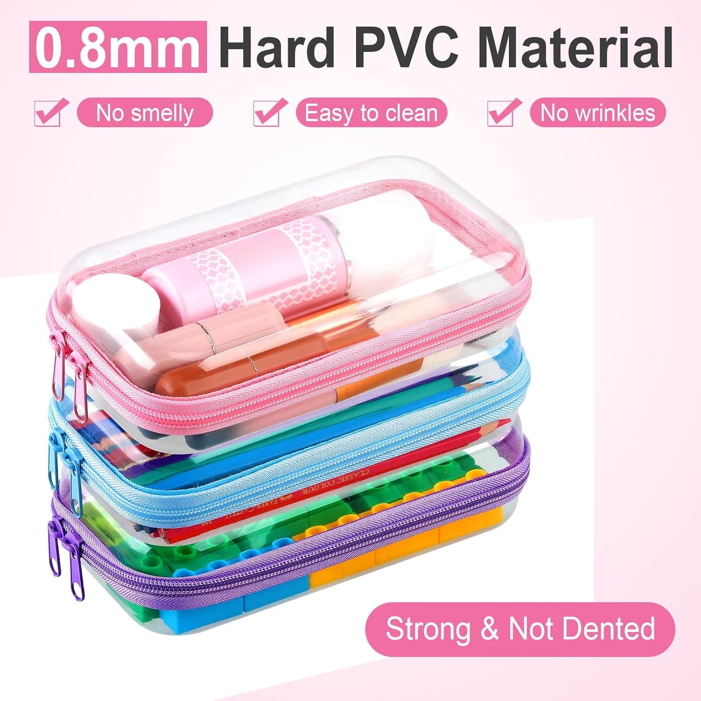 Hoolerry 3 Pcs Clear Hard Zipper Case Plastic Pouch Transparent Hard Case Clear Makeup Bag Portable Travel Organizer Bin for Cosmetics, Building Blocks, Puzzles(Multicolor,S)