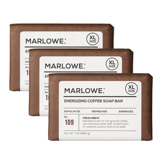 MARLOWE. No. 109 Coffee Bar Soap 7 oz (3 Bars), Body Scrub Soap for Men, Refreshing, Energizing & Exfoliating with Natural Extract, Caffeine, Coffee Bean & Cocoa Butter, Fresh Brewed Scent
