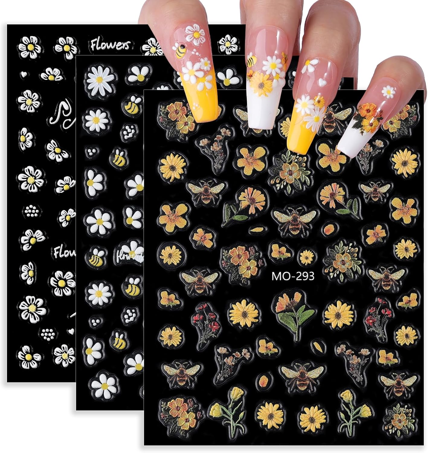 Bee Nail Stickers 3 Sheets Self-Adhesive Daisy Nail Decals White 5D Embossed Floral Nail Art Stickers for Women DIY Manicure Accessories Decorations