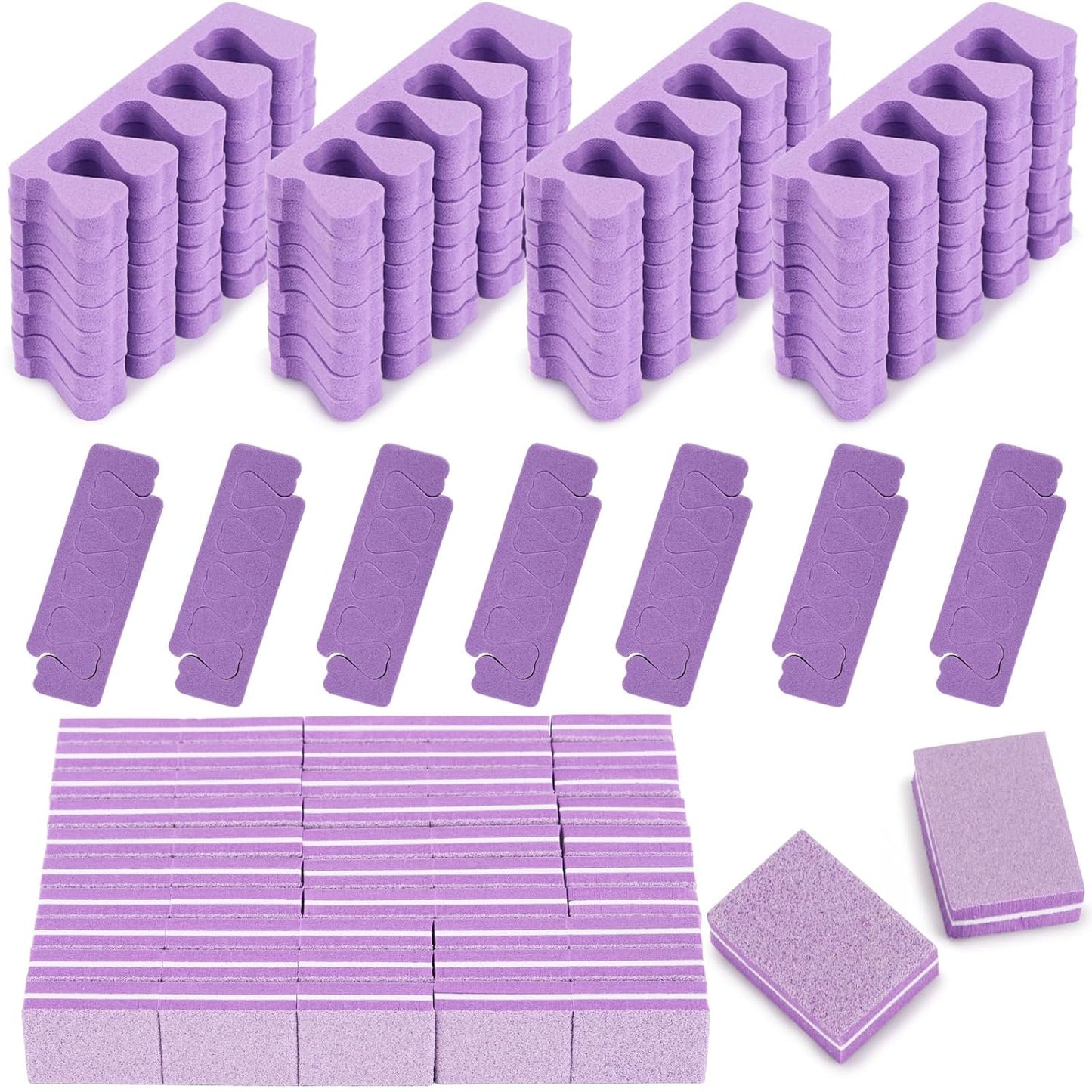 102pcs Toe Separators Set - Premium Pedicure Tool Super Soft Pedicure Toe Separator- Mini Nail Buffer Block File 80/100 Grit 2 Sided, Purple