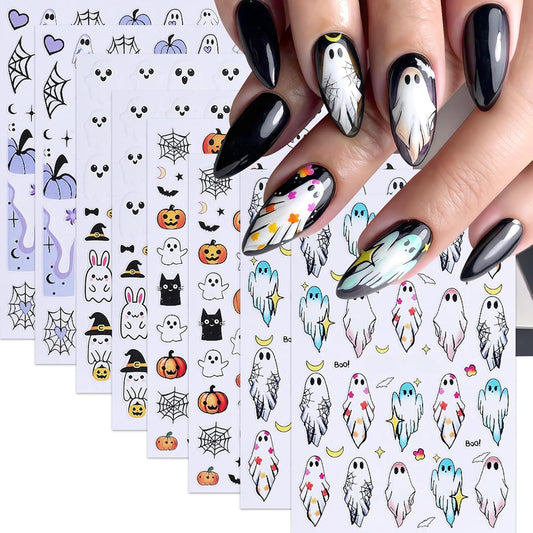 8Sheets Halloween Cute Heart Ghost Nail Stickers 3D Self-Adhesive Pumpkin Spider Web Nail Decals Pumpkin Bat Spider Web Black Cat Nails Design Star Nail Accessories for Women Holiday Manicure Decor
