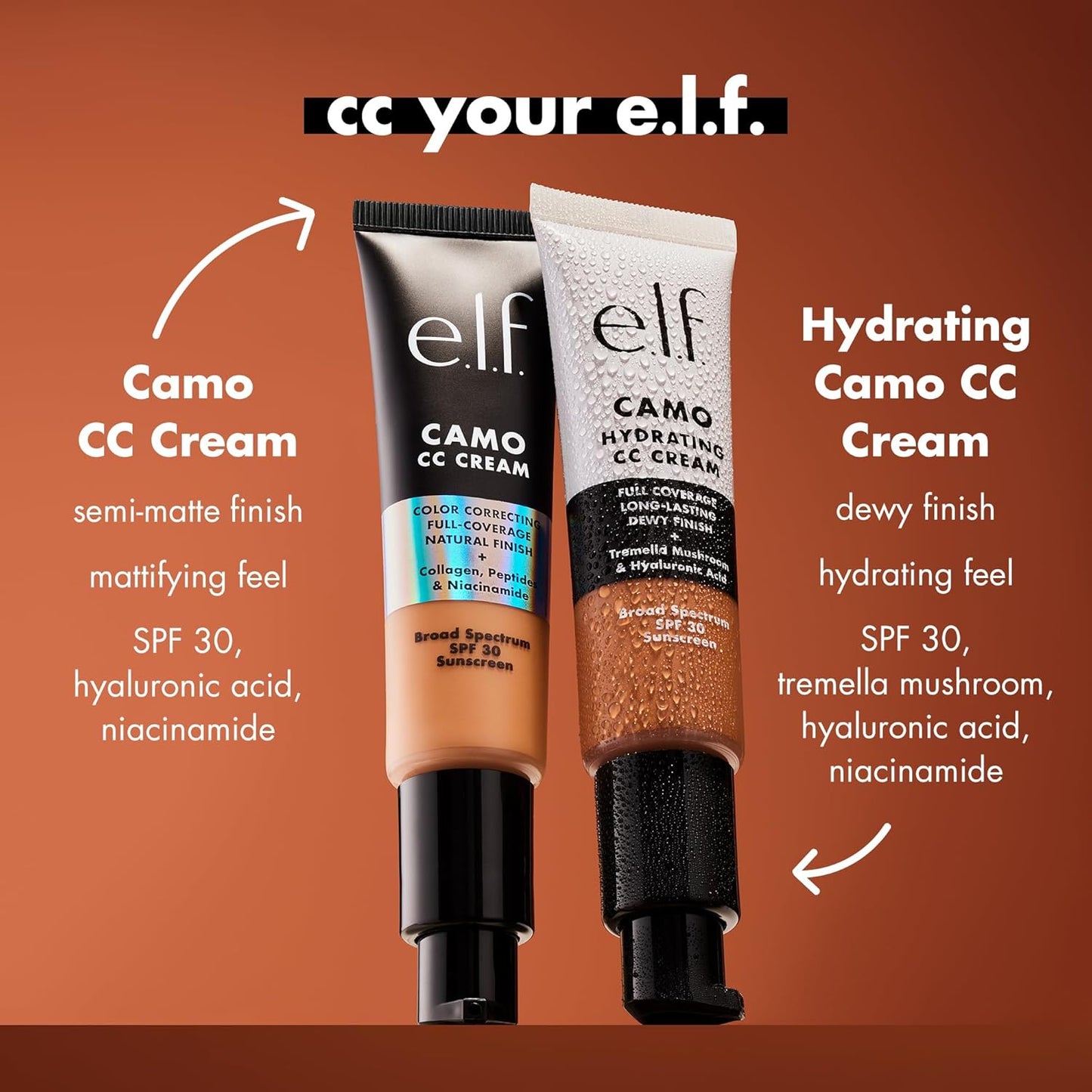 e.l.f. Hydrating Camo CC Cream, SPF 30, Color Correcting Full Coverage Foundation For A Dewy Finish, Vegan & Cruelty-Free, Tan 460 W