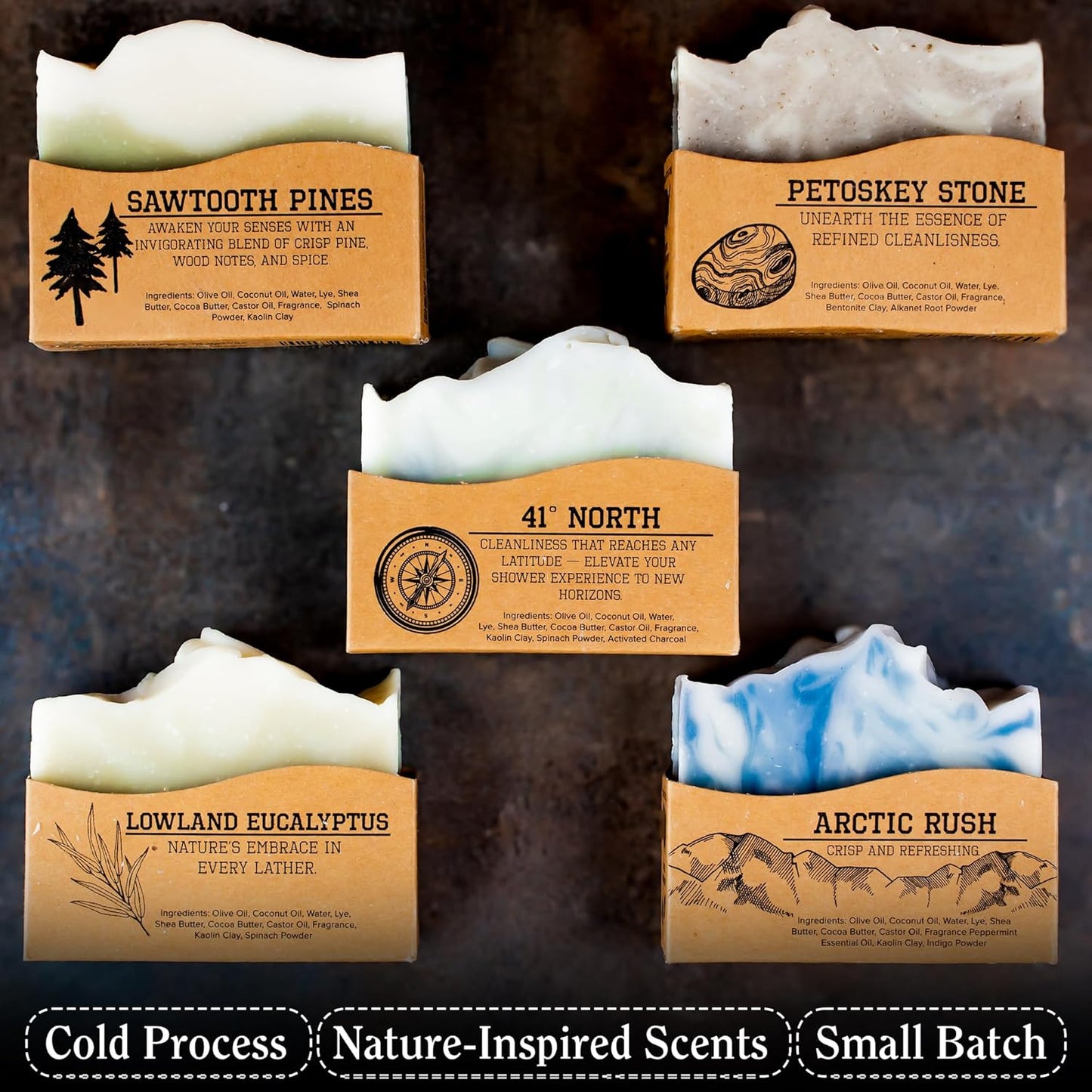 CompassSoap Natural Soap for Men | Skin-Friendly, Hand Made Soap Bar Gift Set | Best Exfoliating and Cleansing Bar Soap for Men | 5 Oz. Variety Pack of 5