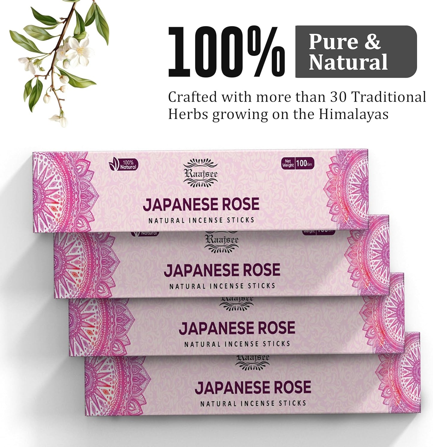 Raajsee Japanese Rose Incense Sticks (180 gm), 100% Pure Organic Natural Hand Rolled Free from Chemicals- Perfect for Aromatherapy, Cleansing, Meditation, and Church (Pack of 12)