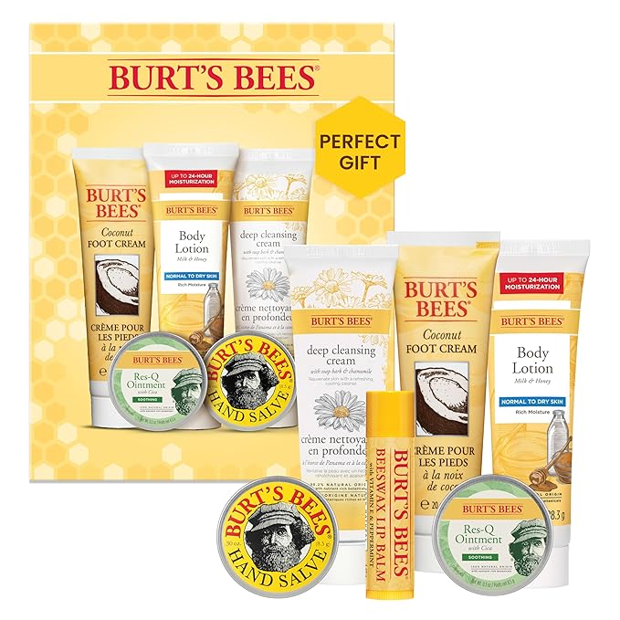Burt's Bees Back to School Gifts Ideas, 6 College Dorm Products, Timeless Minis Set – Beeswax Lip Balm, Coconut Foot Cream, Milk & Honey Body Lotion, Deep Cleansing Cream, Res-Q Ointment & Hand Salve