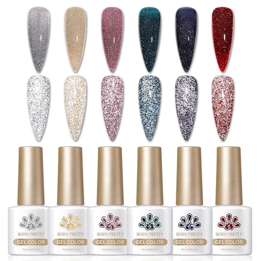 Born Pretty Reflective Glitter Gel Nail Polish, 6 Colors Holographic Gel Polish Long Lasting Sparkly Shiny Nail Polish U V Set for Manicure and Nail Art, DIY at Home, Salon-Quality 7ml