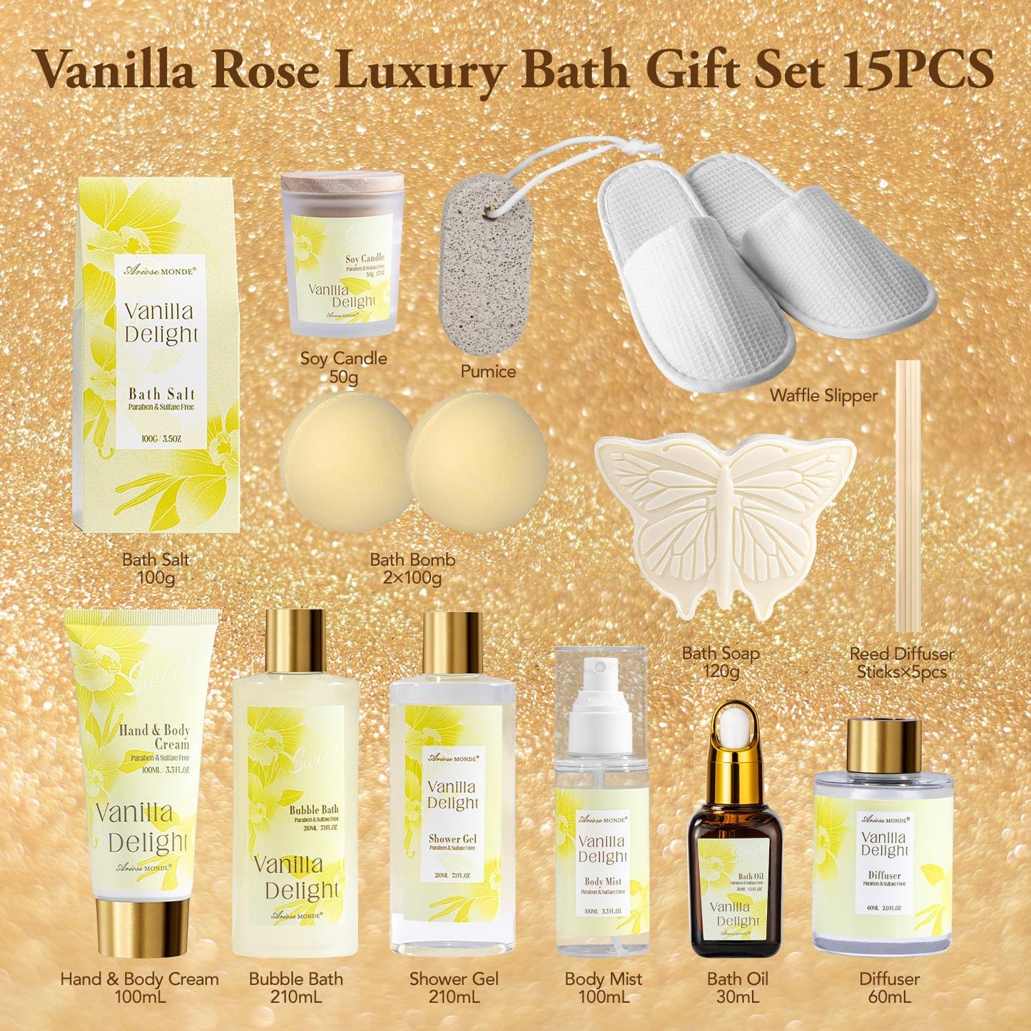 Spa Gifts for Women, 15Pcs Vanilla Rose Women Spa Gift Baskets w/Body Mist, Diffuser, Bath Bomb. Relaxing Bath Sets, Mothers Day Gifts for Mom, Unique Birthday Gift Basket