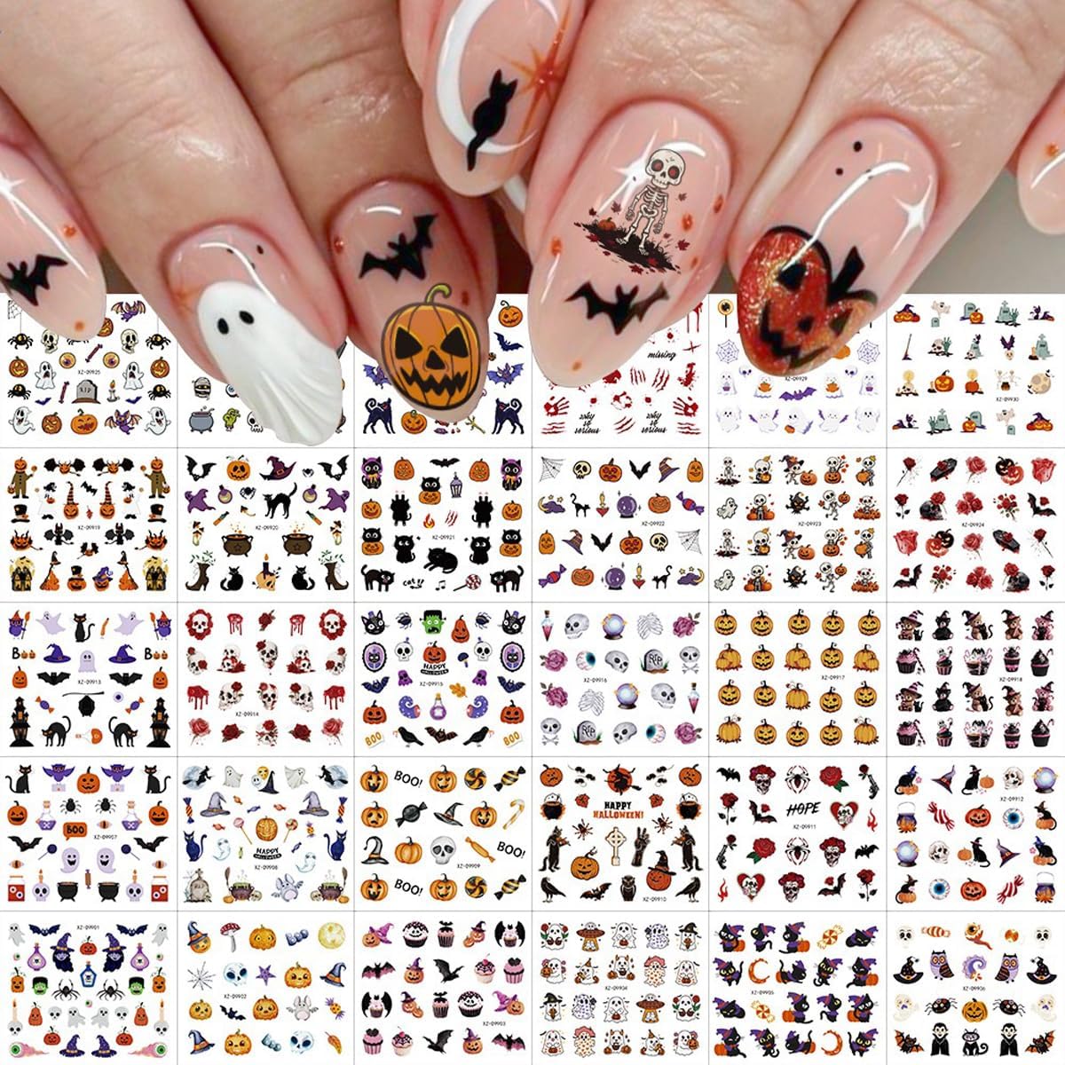 30 Sheets Halloween Nail Art Stickers Pumpkin Nail Decals Black Cat Nail Stickers Self Adhesive Bat Spider Web Nail Art Supplies for Women Girls DIY Manicure Nail Art Decorations