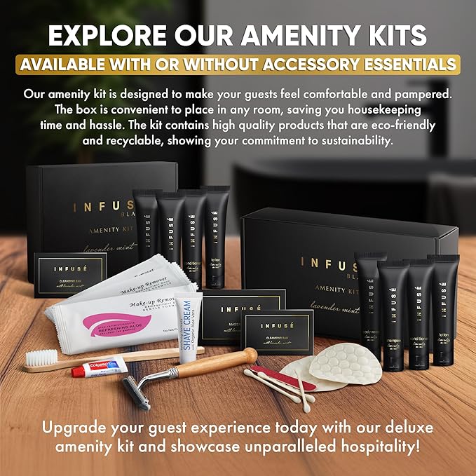 Infuse Black Amenity Kit | Boxed Hotel Toiletries | Bulk Set 1 oz Travel Size Shampoo, Conditioner, Lotion, Body Wash & Cleansing Bar for Guest Hospitality AirBnB/Vacation Rentals | 75 Pieces