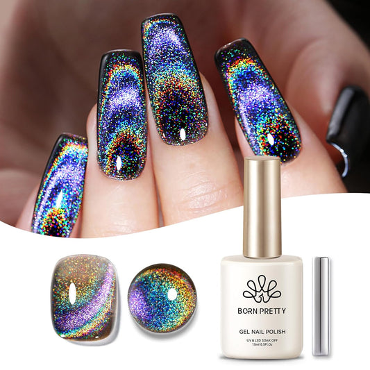 Born Pretty Cat Magnetic Eye Gel Nail Polish Holographic Rainbow Cat Magnetic Gel, Black Glitter Magnetic Soak Off U v Nail Gel Diy Art for Girls Women 15ML