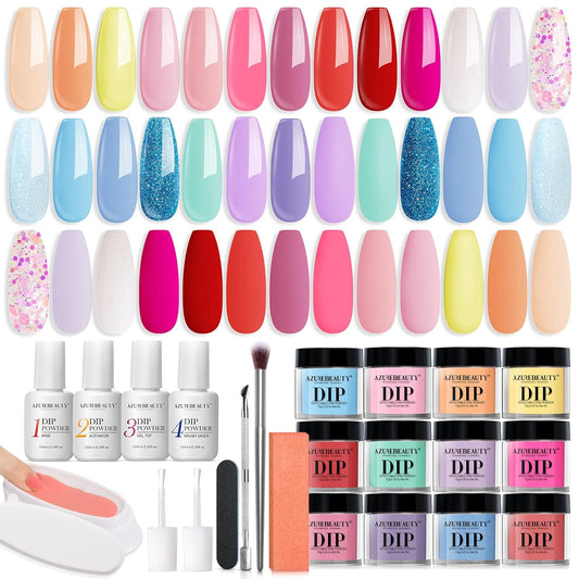 AZUREBEAUTY 31Pcs Dip Powder Nail Kit Starter 20 Colors Pastel Spring Summer Pink Acrylic Dipping Powder Set with Top/Base Coat Activator & Recycling Tray for Macaron French Manicure Salon