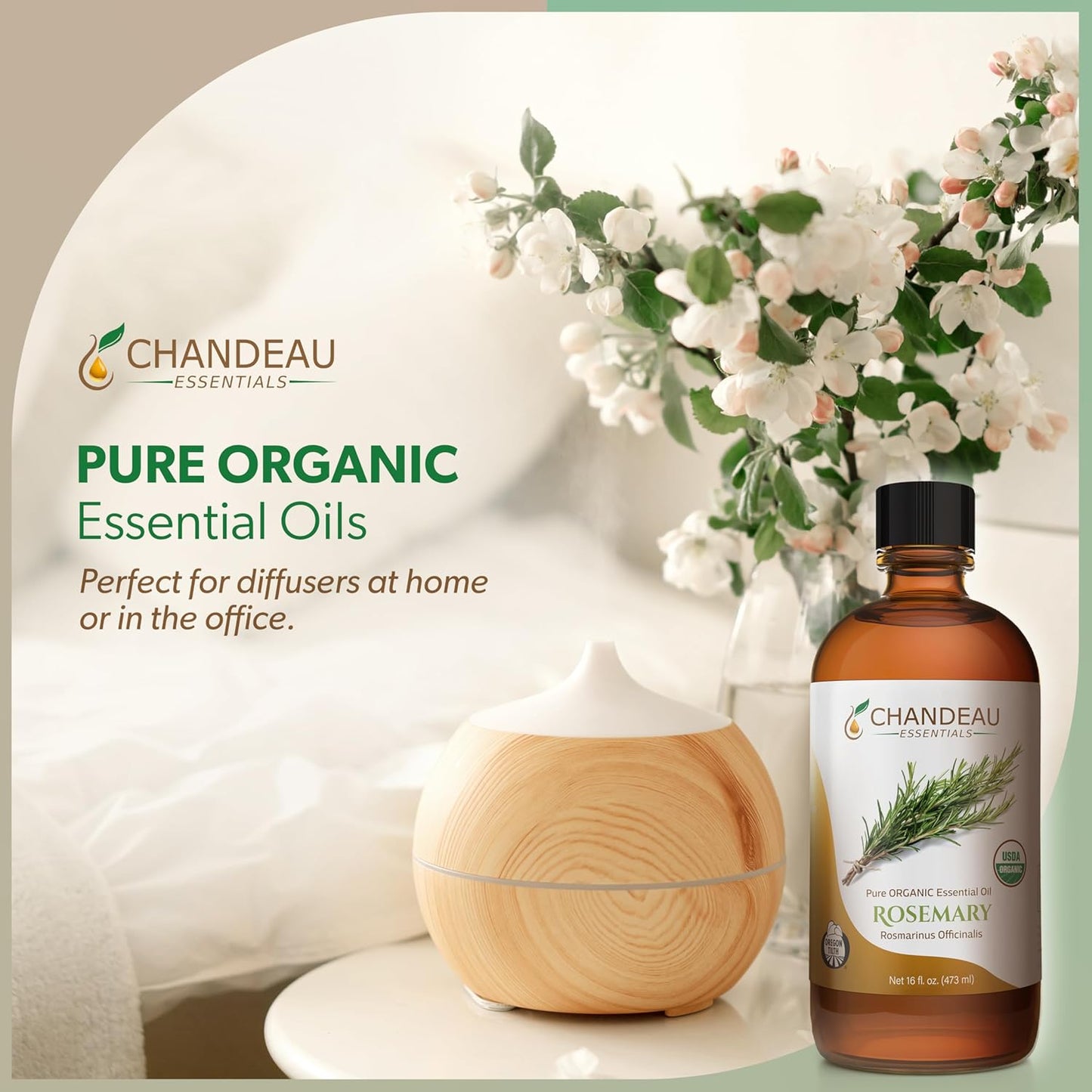 100% Pure Organic Essential Oil, Pure Rosemary Essential Oil for Aromatherapy, Soap Making, Candles, Laundry, Perfume, Cleaners or Diffusers - Large Amber Glass Bottle, 16 oz.