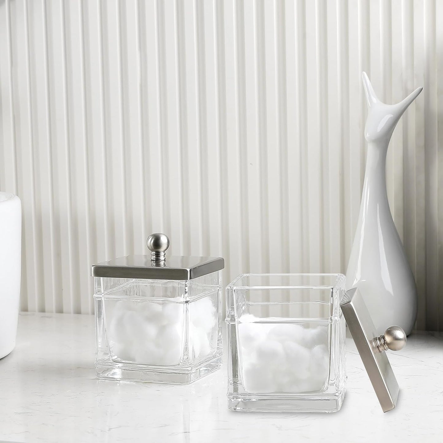 Glass Cotton Jar Holder 2 Pack– Satin Nickel Lid, Elegant Bathroom Storage Canister for Qtips, Cotton Balls, Floss, Makeup Organizer, Vanity & Bathroom Organization