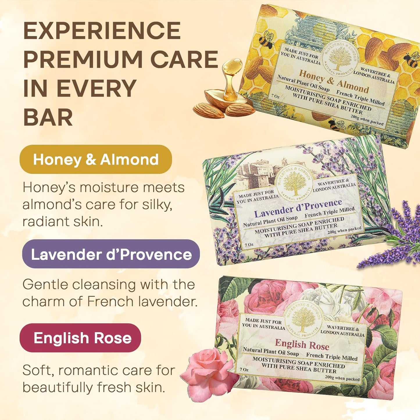 Wavertree & London Natural Soap Bars Gift Set (Set of 6), 7 Oz Assorted Scented Bar Soap Gift Box for Women & Men, Moisturizing & Pure Triple Milled Luxury Bath Soap Bars enriched with Shea Butter