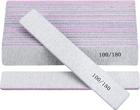 25 Pack 100/180 Grit Nail Files for Acrylic Nails, Rectangle Double Sides Emery Boards Fingernail Files Professional Nail Buffering Files