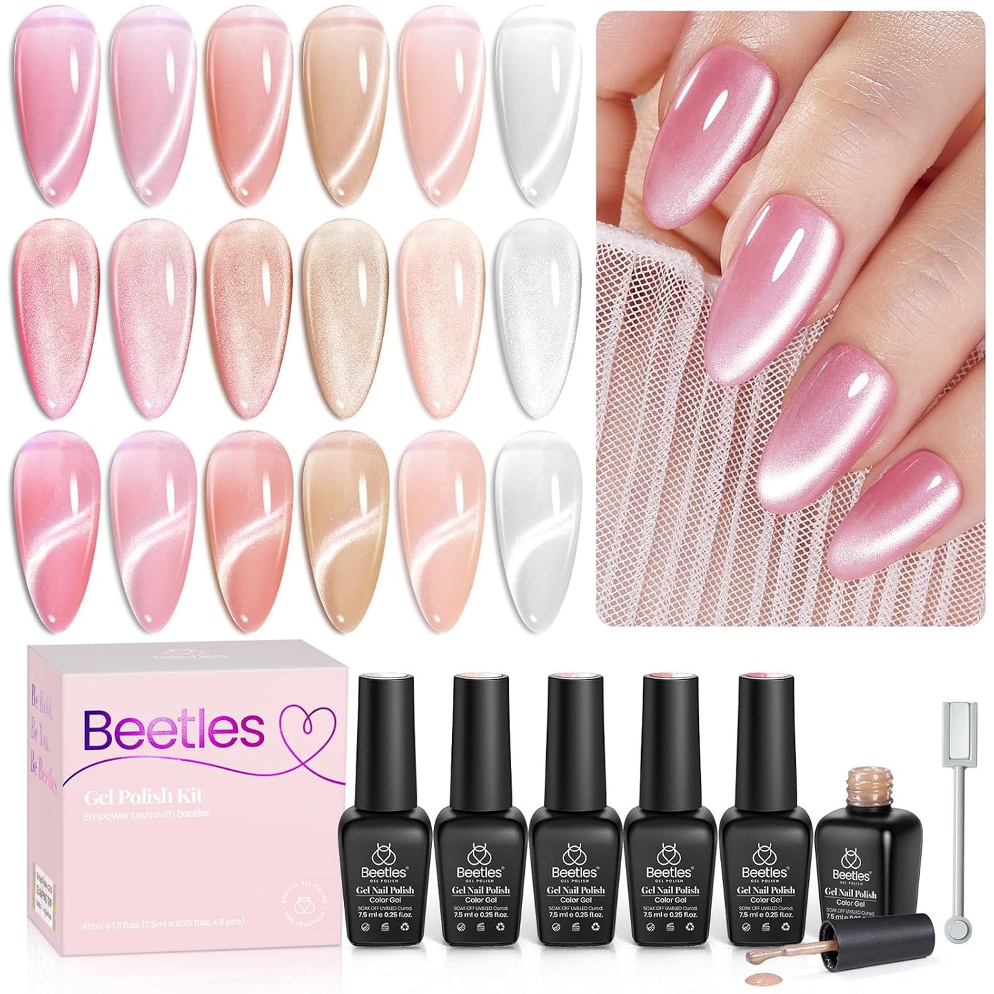 Beetles Pink Cat Eye Gel Nail Polish Set - 6 Colors Nude Pink Silver Cat Eye Glitter Gel Polish Kit with Magnet Soak Off UV Fall Winter Velvet Gel French Nail Art Design Manicure Gift for Women