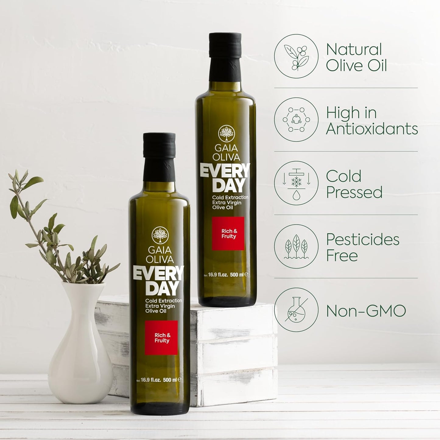 Gaia Oliva Everyday Extra Virgin Olive Oil – Cold Pressed, Unrefined, Single Estate, Trilye Olives, Low Acidity, Dark Glass Bottle, 100% Extra Virgin, Product of Turkey, New Harvest, Polyphenol-Rich, High Antioxidants