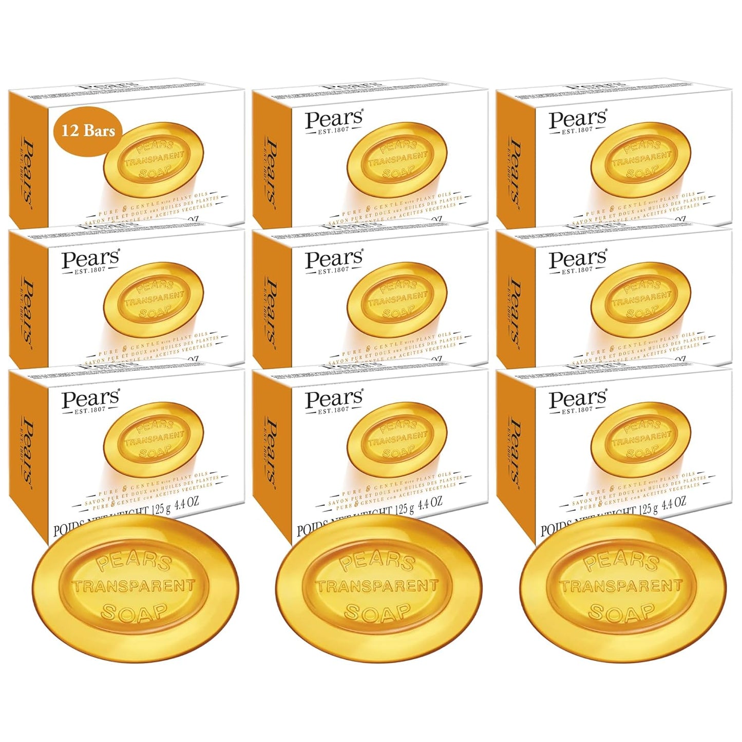 Pears Glycerin Soap, Transparent Amber with Natural Oils, 12-Pack – Pure & Gentle Cleanser for Soft, Glowing Skin, 4.4 Oz Ea