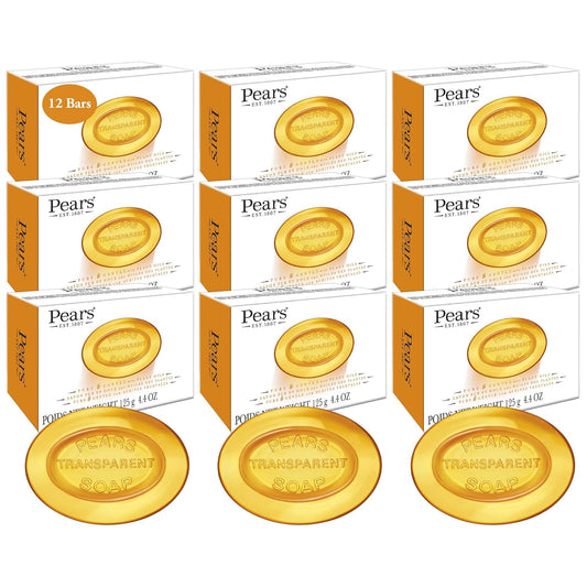 Pears Glycerin Soap, Transparent Amber with Natural Oils, 12-Pack – Pure & Gentle Cleanser for Soft, Glowing Skin, 4.4 Oz Ea