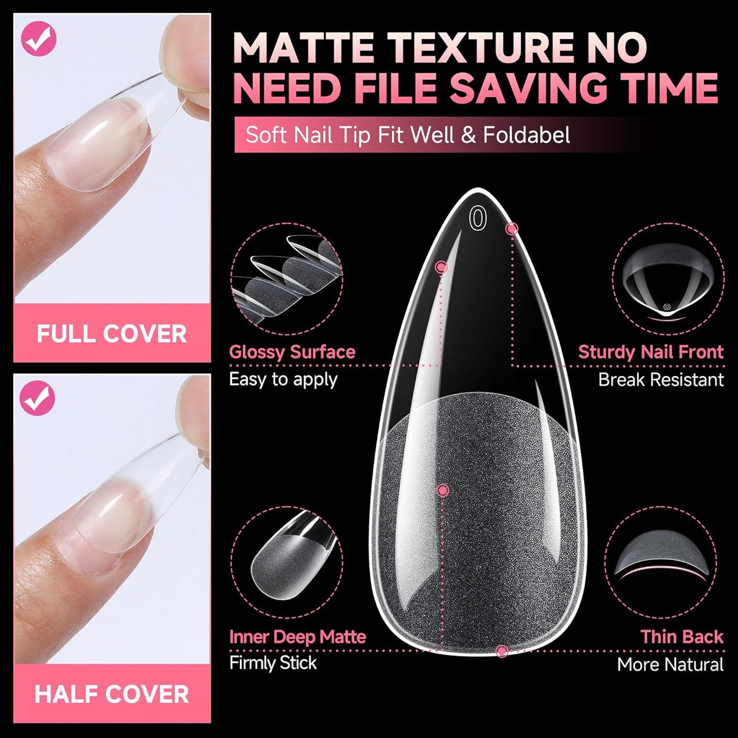 UNA GELLA Stiletto Gel Nails Press On Halloween 504Pcs Medium Almond Stiletto Clear Gel Nail Tips Full Cover Pre-matte Fake False Acrylic Nails for Nail Extensions Home Art Salon 12 Sizes