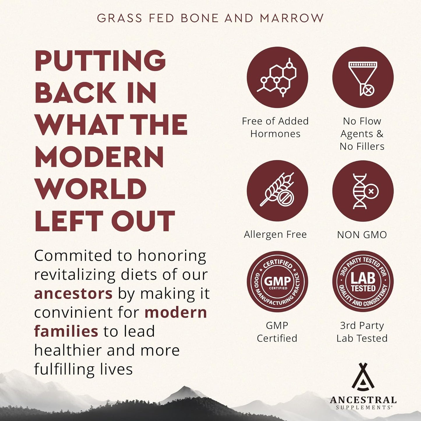 Ancestral Supplements Grass Fed Beef Bone and Marrow Supplement, 3000mg, Skin, Oral Health, and Joint Support Supplement, Promotes Whole-Body Wellness, Non GMO Whole Bone Extract, 180 Capsules