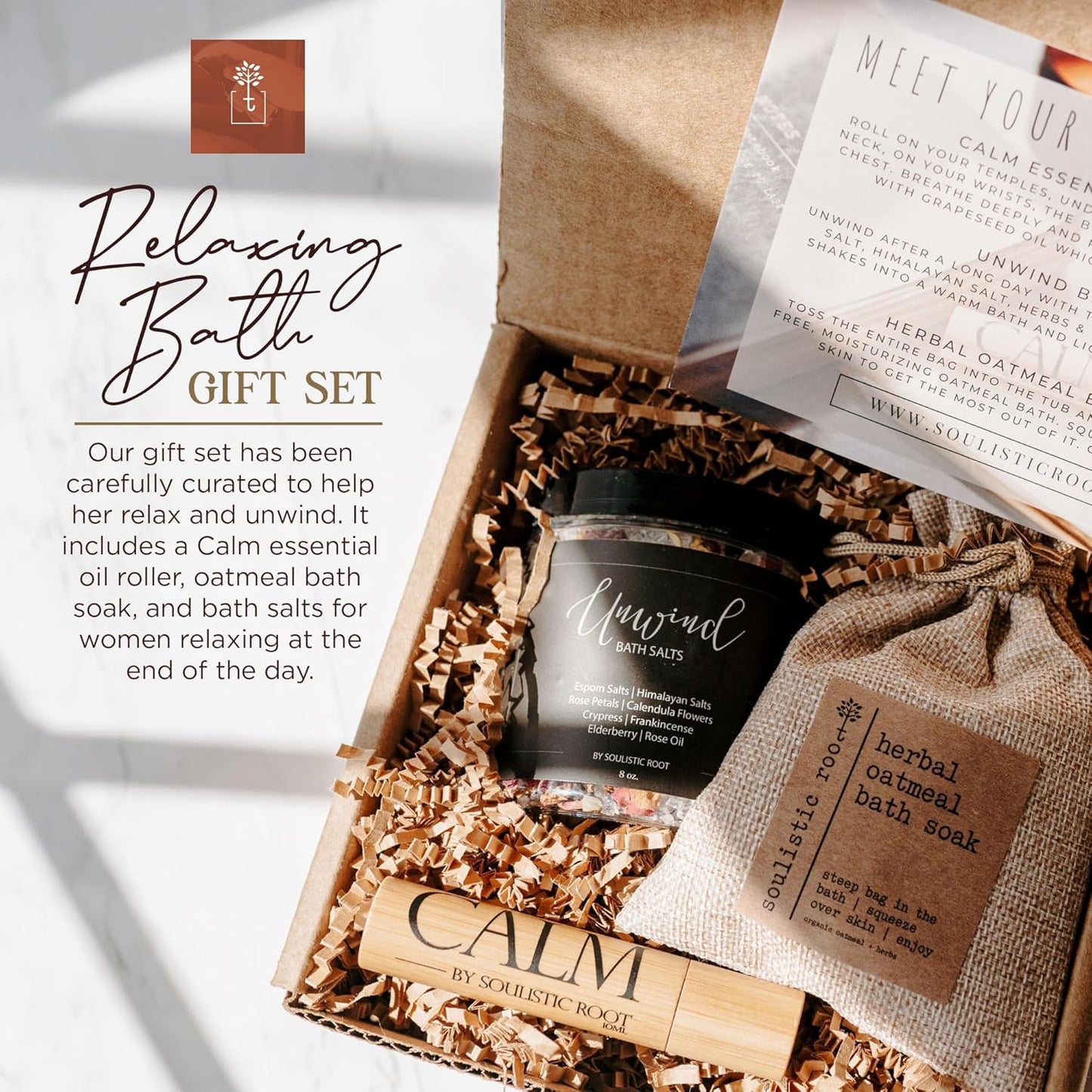 Relaxing Bath Gift Set, Luxury Spa Gifts for Women, Self Care Products for Women and Men, Calm Essential Oil Roller, Oatmeal Lavender Bath Soak & Epsom Salts with Essential Oils