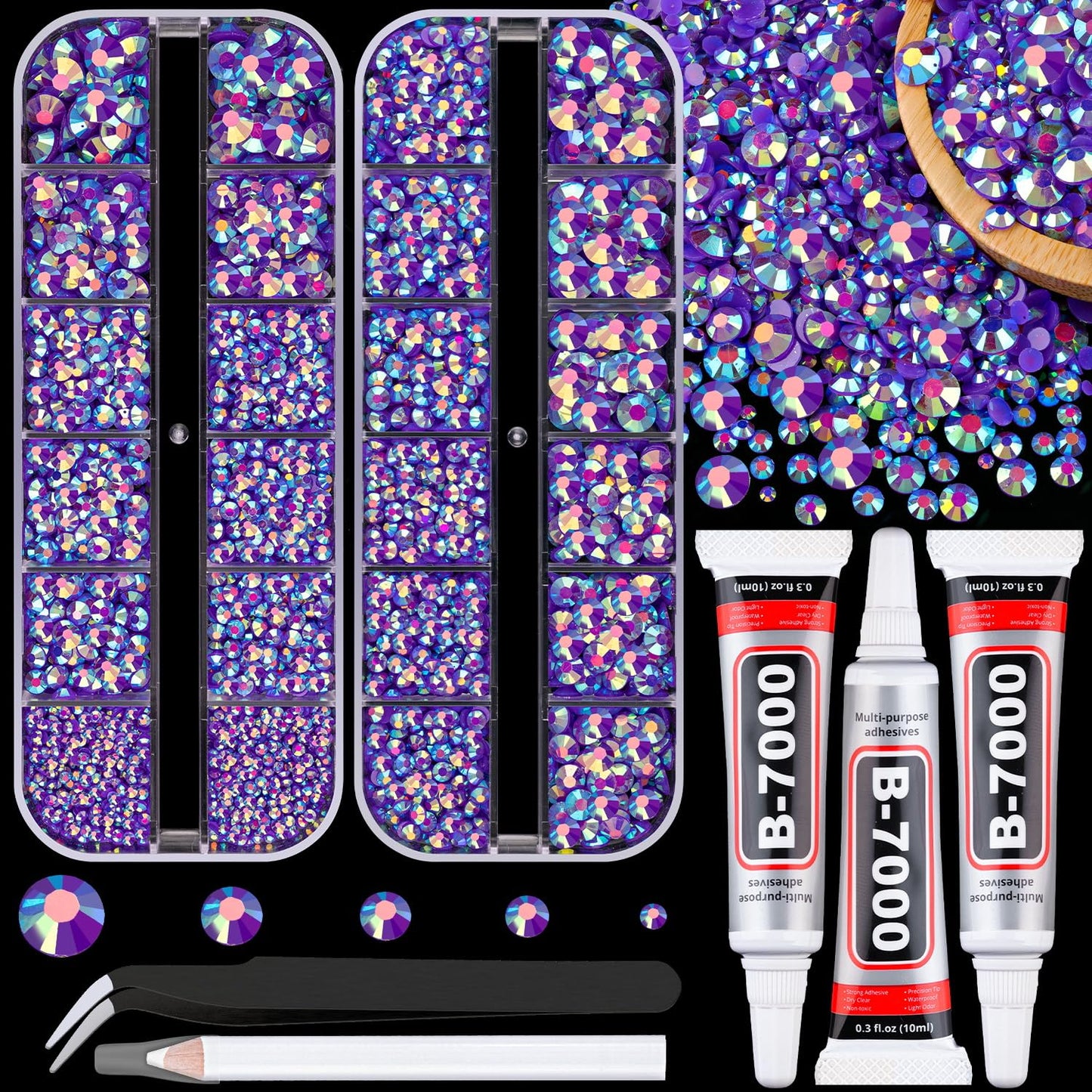 Resin Jelly Rhinestones for Crafting with B7000 Jewelry Glue, 2 Boxes Dark Purple AB Flatback Crystals with 3Pcs 10ml Glue, Bedazzling Non Hotfix Gems for DIY Tumblers Clothing Shoes Manicure