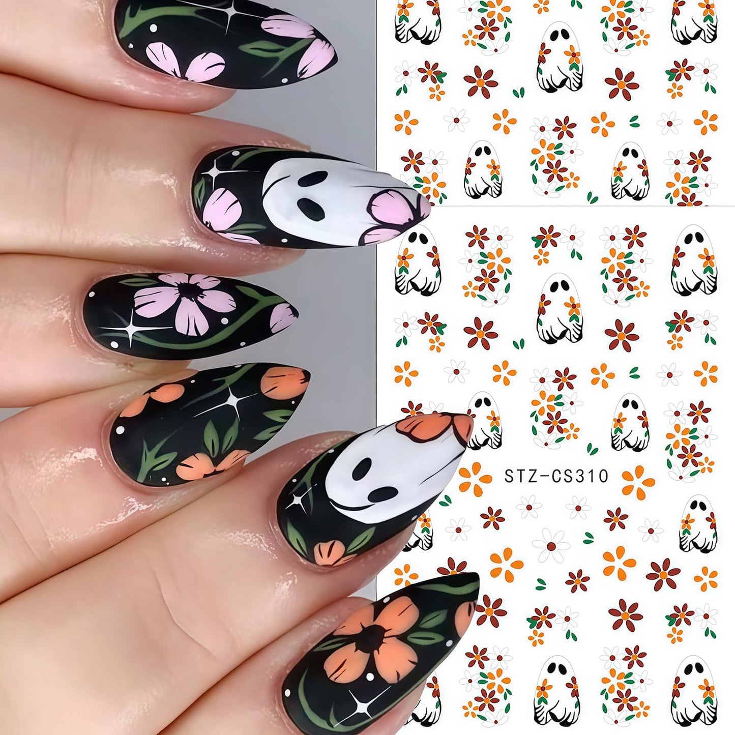 6 Sheets Ghost Nail Stickers for Nail Art, Halloween Nail Decals 3D Self-Adhesive Flower and Spooky Ghost Fall Stickers Design French Tip Nails Sticker Halloween DIY Manicure Decoration for Women