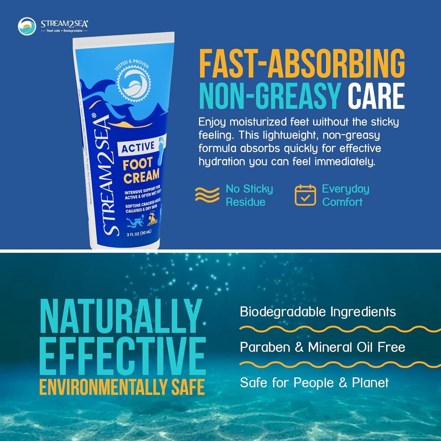 STREAM 2 SEA Active Foot Cream, Intensive Support for Active & Often Wet Feet - Softens Cracked Heels, Calluses & Dry Skin, Enriched with Neem and Tea Tree, Fast-absorbing and Non-greasy - 3 Fl oz