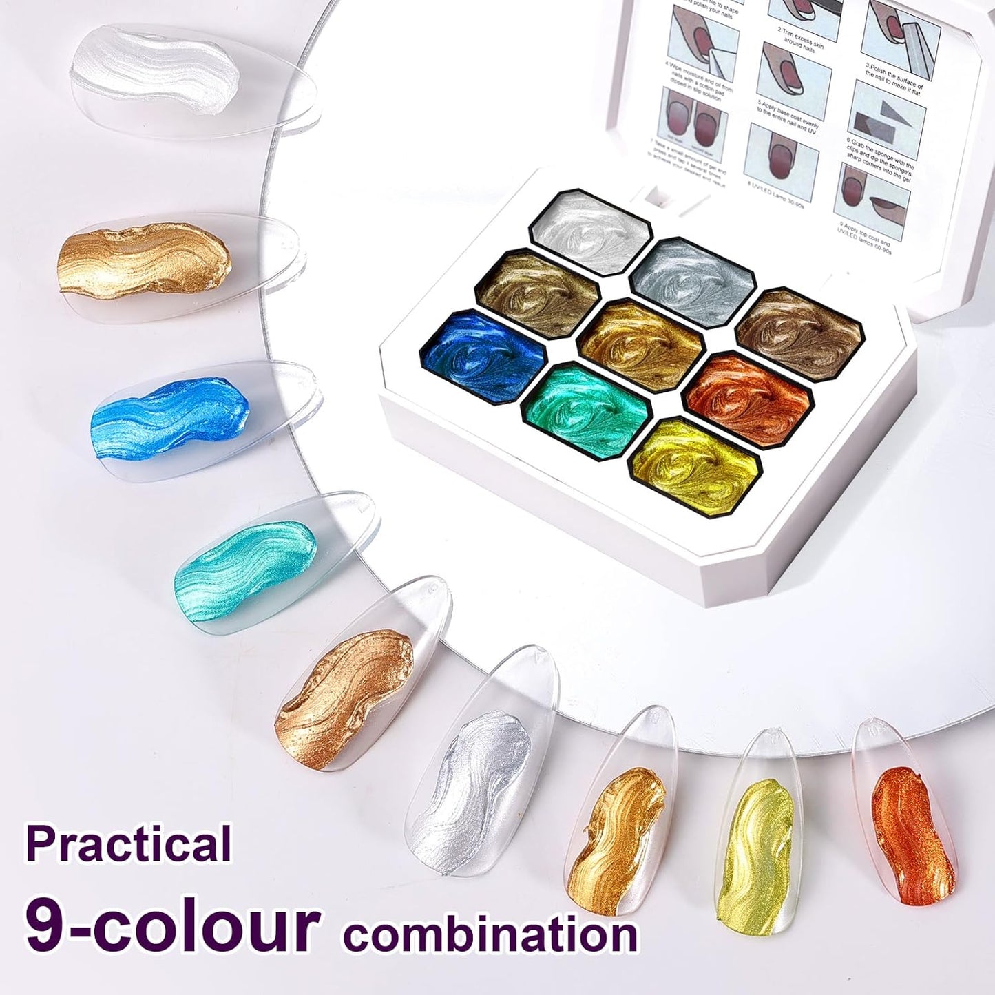 Gradient Painting Gel, 9 Colors Ombre Gel Nail Polish Gold Silver Metallic Effect Pigment Pat Aura Nails French Manicure Soak Off UV Long-lasting Home Salon DIY Nail Art Satin Metal(01)