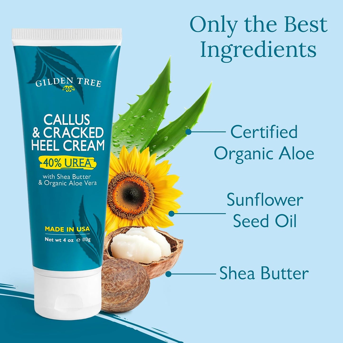 GILDEN TREE Urea Cream 40 Percent for Feet Maximum Strength Cracked Heel Treatment Foot Cream for Calluses and Dry Feet, Enriched with Shea Butter & Aloe for Moisturizing, Made in USA