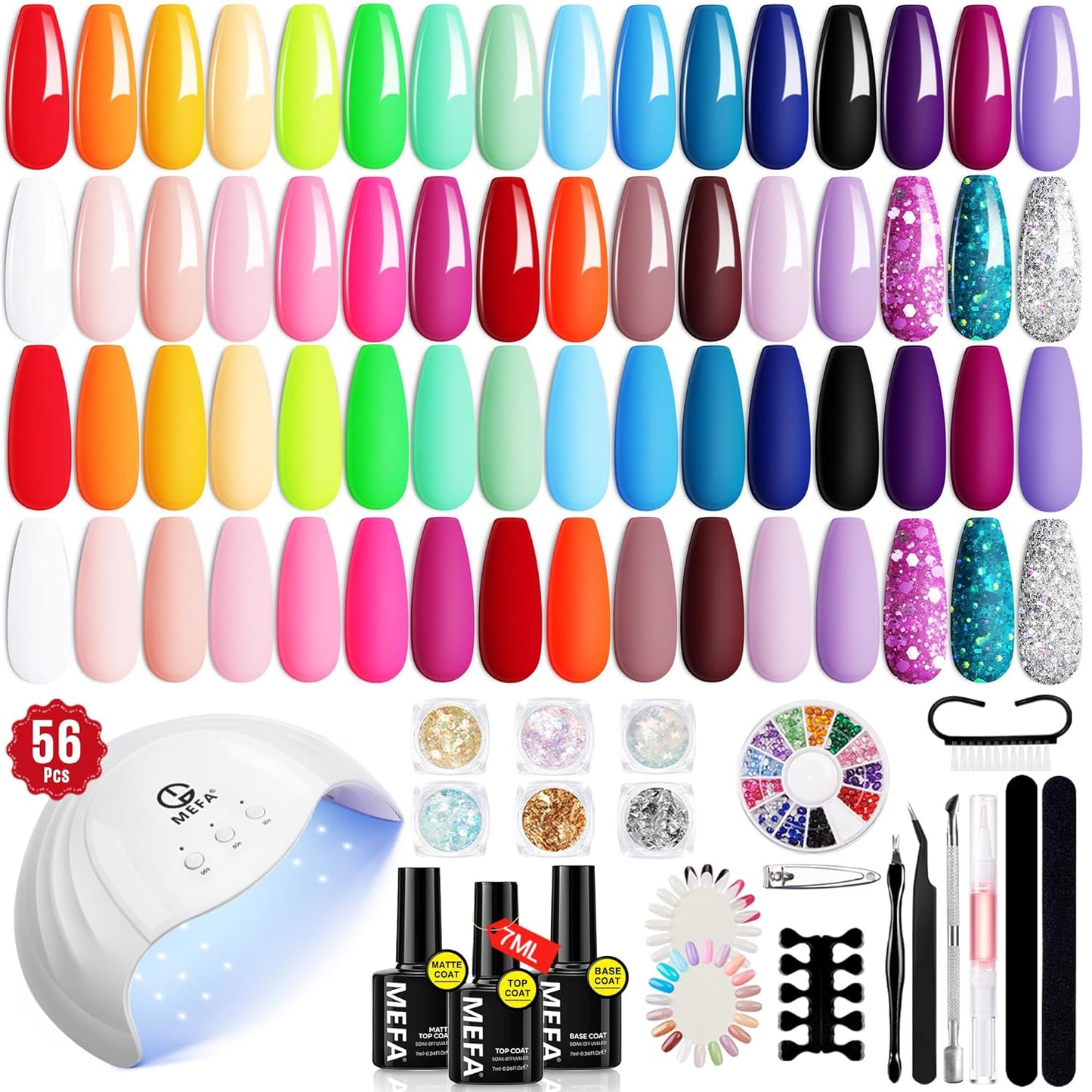 MEFA 56 Pcs Gel Nail Polish Kit with U V Light, 32 Colors Bright Neon Spring Summer Fall Pink Gel Polish Nail Set Essential Manicure Tools Nails Decorations Gifts for Women