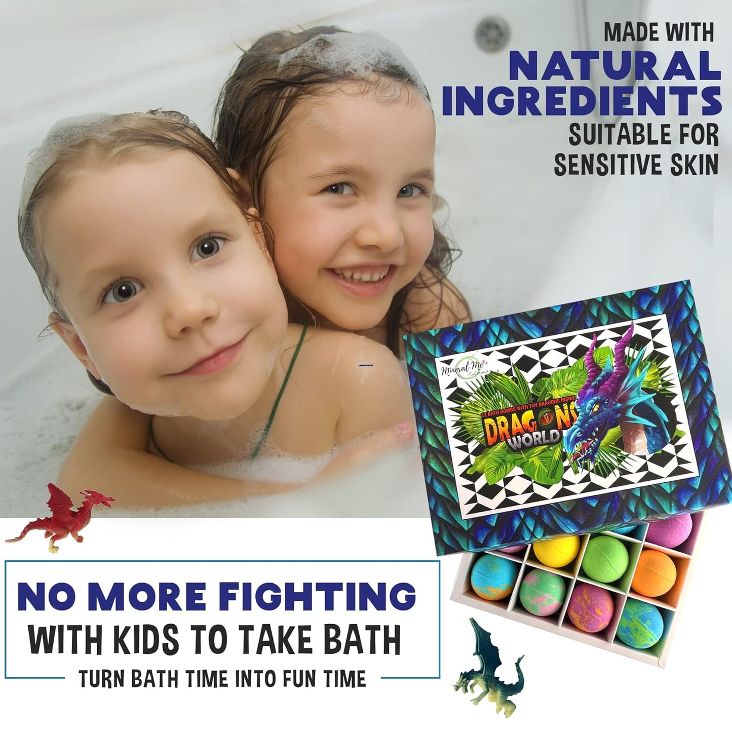 Bath Bombs for Kids with Surprise Inside - 12 Organic Bubble Bath Fizzies with Dragon Egg Toys. Gentle & Kids Friendly w/Rich Bubbles & Rainbow Colors, Birthday Gifts for Boys, Girls