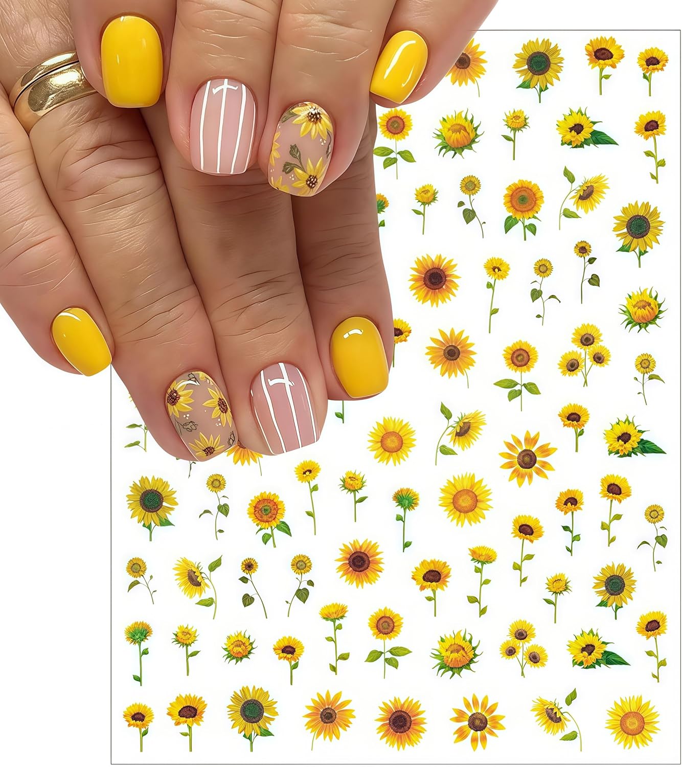 6 Sheets Spring Daisy Nail Art Stickers Sunflower Decals Yellow Daisy Design with Small Daisies White Floral Flowers Sunflowers Leaf for Women Manicure Decorations