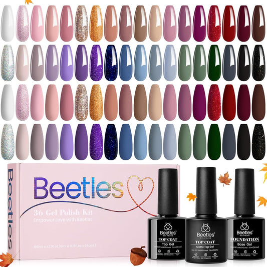 Beetles Gel Nail Polish Set 36 Colors Fall Winter Nail Gel Polish Kit Burgundy Red Blue Green Brown Gold Glitter Pink with Base Coat Glossy Matte Top Coat Manicure Gifts for Women Neutral Elegance