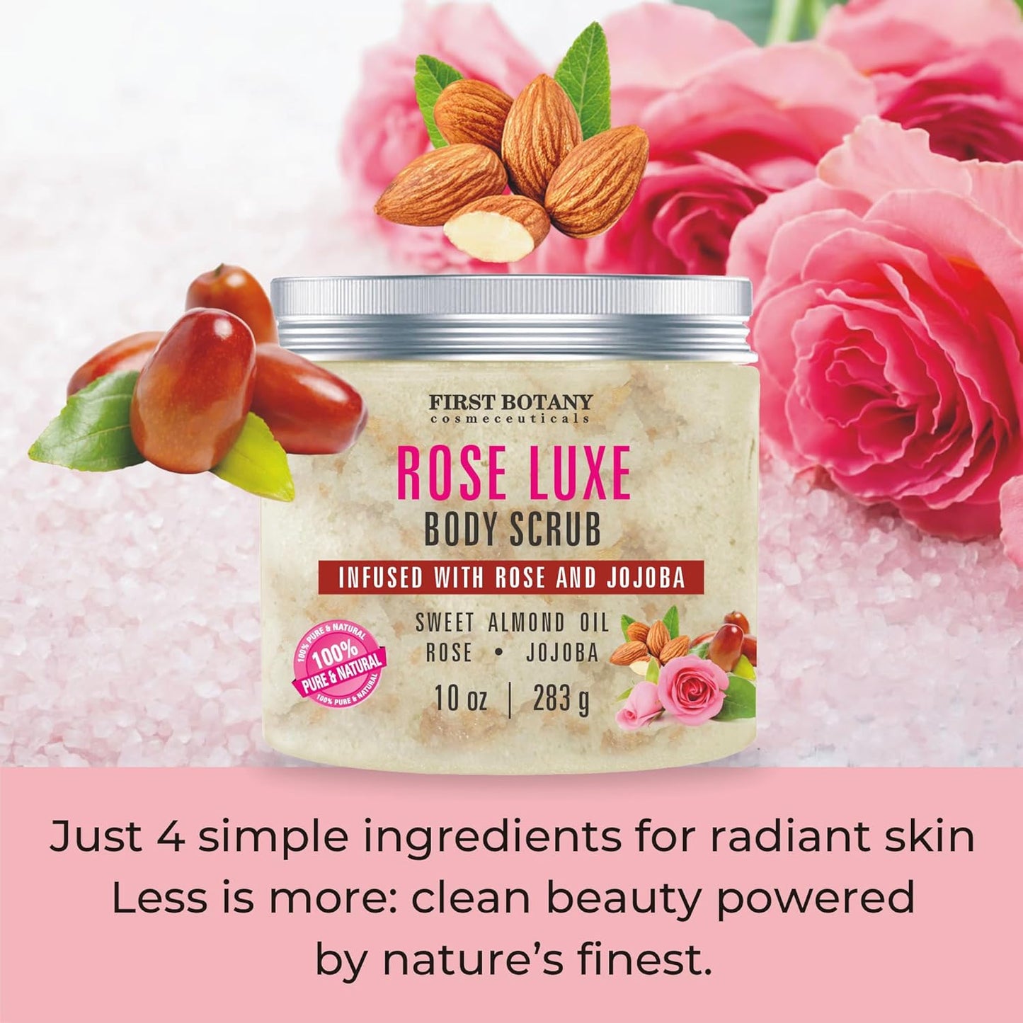 First Botany Body Scrub - Natural Exfoliating Salt Scrub & Body and Face Souffle helps with Moisturizing Skin, Acne, Cellulite, Dead Skin Scars, Wrinkles (10 fl oz, Rose)