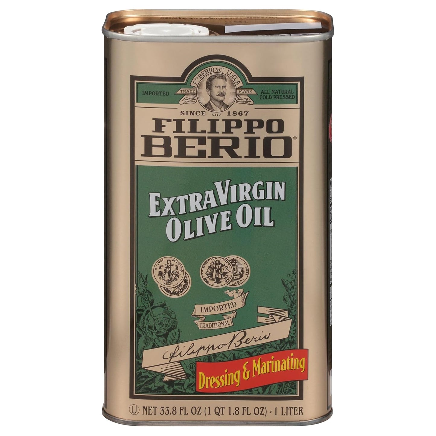 Filippo Berio Cold Pressed Extra Virgin Olive Oil, 1 Liter Tin (33.8 Ounce)