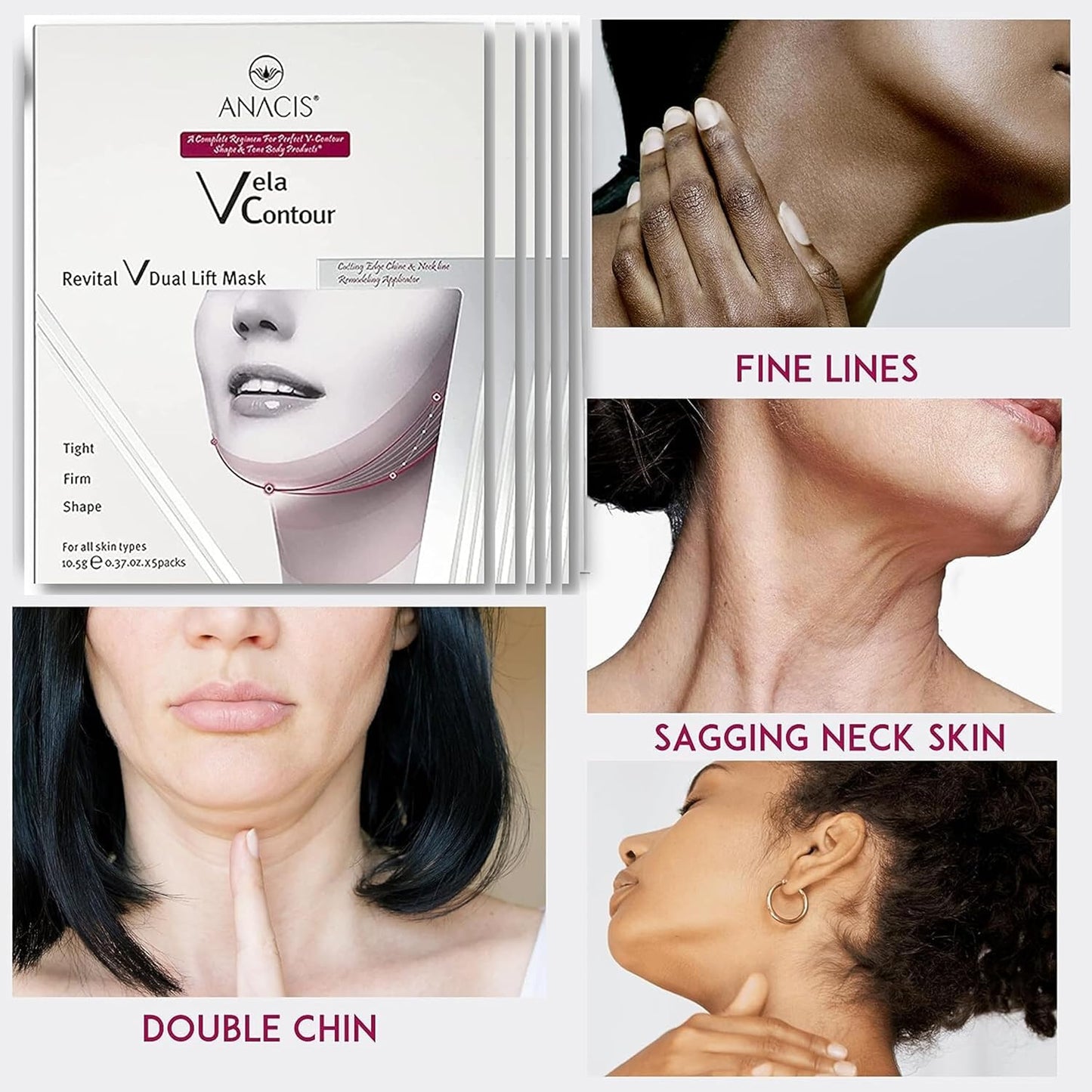 Facial Mask - Works for V-line Neck Chin Jawline - Fine Lines - Neck Wrinkles - Sagging Skin - for Women and Men - 5 Face Masks